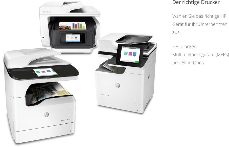 Der richtige Drucker Wählen Sie das richtige HP Gerät für Ihr Unternehmen aus. HP Drucker, Multifunktionsgeräte (MFPs) und All-in-Ones